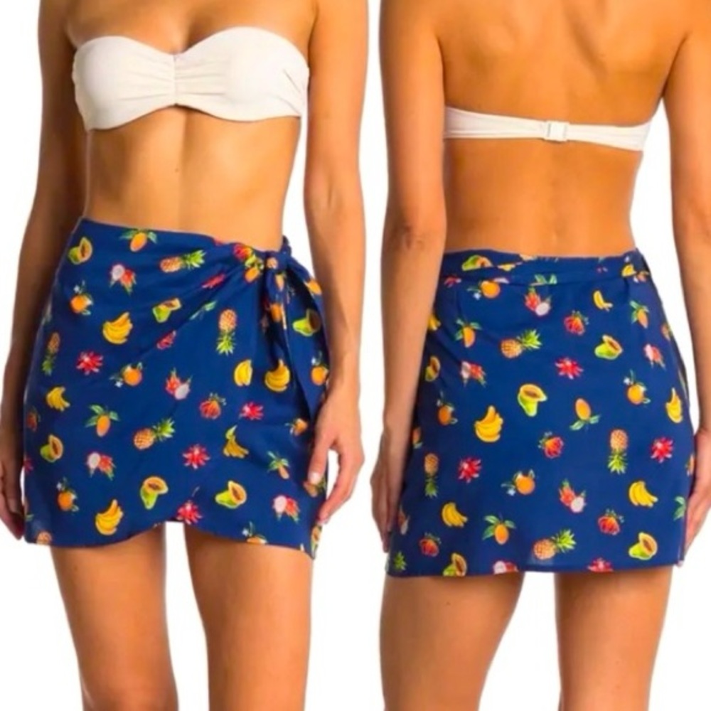 WeWoreWhat Chloe Mini Wrap Skirt Navy Fruit Print Size L
